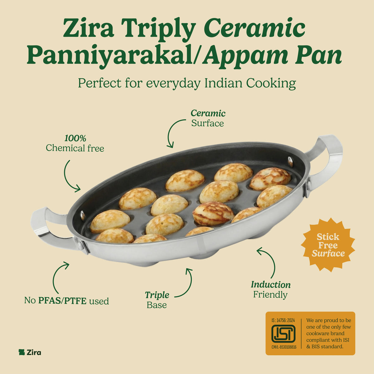 Zira Triply Ceramic Panniyarakal/Appam Pan shown on a beige background with marketing text and callout arrows highlighting features like ceramic surface, 100% chemical free, no PFAS/PTFE, triple base, and induction friendly. The pan contains several golden-brown appams.