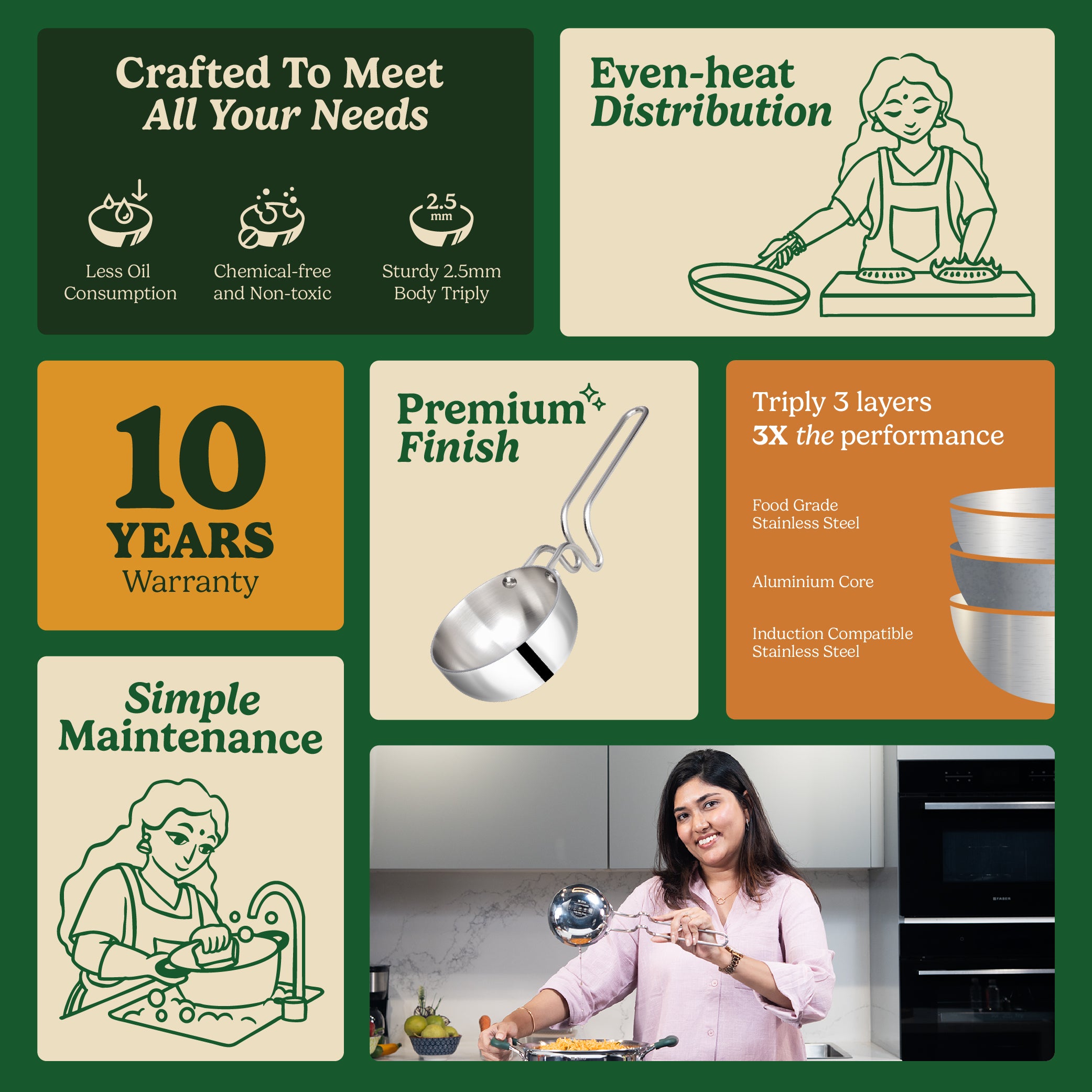 Triply Stainless Steel Tadka Pan